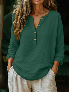 2026 New Women's Summer Casual Solid Color Breathable Long-Sleeve <b>Half</b>-Open V-Neck <b>Buttons</b> T-<b>Shirt</b> Blouse - Product Image 6