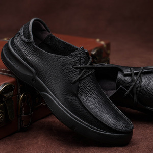 Chaussures de marche pour hommes en cuir véritable à bout rond, à lacets, respirantes, avec semelle extérieure en caoutchouc, couleur unie, style décontracté - Product Image 2