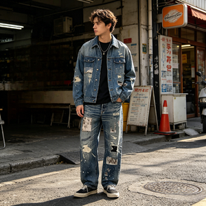 Jeans Vintage Stile Streetwear Giapponese per Uomo, Pantaloni Denim Y2K con Effetto Usurato e Patchwork, Stampa Grafica Retrò, Gamba Dritta - Product Image 3