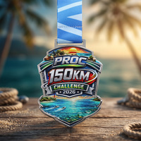 Médaille de sport en alliage de zinc émaillé, plaquée argent, avec logo tropical en relief 3D en couleur, pour le défi d'endurance de 150 km, médaille personnalisée