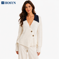 Cardigan sur mesure 100% laine, col marine, style enveloppant, boutons dorés, ivoire, élégant pour femme