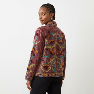 Veste matelassée pour femme en velours floral brodé à la main Suzani avec doublure en coton, col montant - Cadeau printemps/été/automne/hiver - Product Image 1