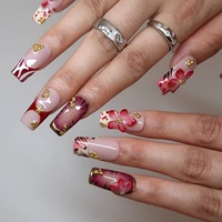 Offre Spéciale – Ongles à Presser en Acrylique Carrés, Imprimé Animal Rose Rouge, Fleur Rouge 3D, Perles Dorées, Style Hot-girl – Vente en Gros