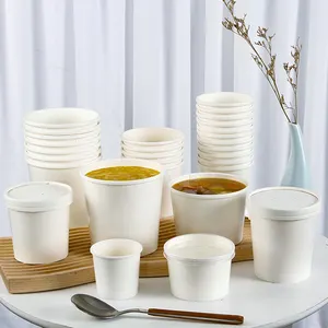 Grosir makanan kertas kraft sup mie mangkuk putih es krim mangkuk kertas logo kustom mangkuk kertas bubur dicetak dengan tutup