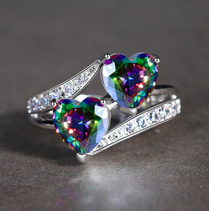 Bague Offre Spéciale luxe cuivre pierres précieuses bague de <span class=keywords><strong>doigt</strong></span> coloré Zircon bague dames Double coeur diamant fiançailles <span class=keywords><strong>doigt</strong></span> - Product Image 2