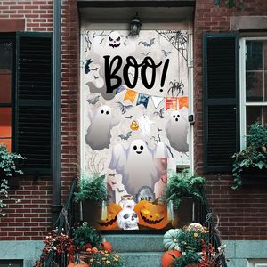 Bannière de porte Joyeux Halloween avec squelettes dansants amusants, citrouilles, fantômes et éléments effrayants – Housse de porte décorative pour fête, personnalisable - Product Image 2