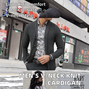 Pull cardigan en tricot de coton et fibre de bambou pour homme, col en V, couleurs contrastées, printemps-automne, simple boutonnage - Product Image 2