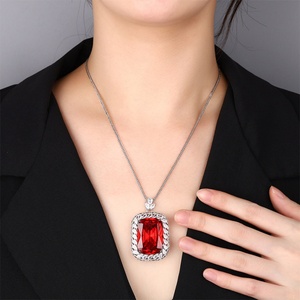 High Quality 20*28mm Rectangle Red Cubic Zirconia Jewelry Elegant Eco-friendly Copper Geometric <b>Statement</b> Pendant <b>Necklace</b> - Product Image 5