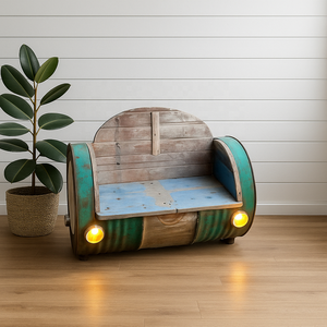 Sofá Barril Industrial Vintage de Madera Reciclada y Hierro, Hecho a Mano, Ecológico, Color Personalizado, Un Asiento, para Jardín o Restaurante - Product Image 2