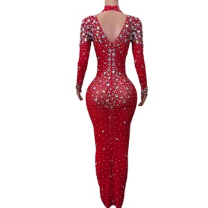 Abito da ballo di cristallo a maniche lunghe di lusso rosso che le donne indossano abito lungo da ballo Plus Size signore Sexy diamanti abiti da sera da sera - Product Image 3