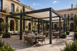 Pergola haut de gamme RKOVE RK-S3 en aluminium, toit rétractable robuste et résistant aux intempéries avec éclairage LED d'ambiance et écran d'intimité - Product Image 6