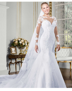Robes de Mariée Sirène à Manches Longues et Col Rond avec Dos Illusion Transparent - Product Image 5