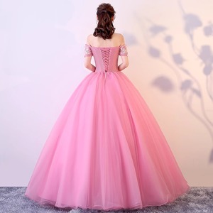 Off The Shoulder Pink Tulle Ball Gown Empire Waist Floral Print Evening Dress For Banquet Performance Art Exam - Product Image 4