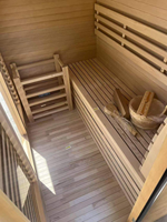 Sauna extérieur moderne en bois massif de pruche, sur mesure, avec poêle, chauffage, vapeur sèche, salle de spa, taille personnalisée