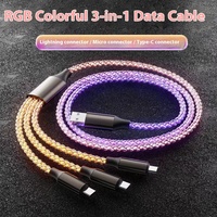 Câble RGB 3-en-1 de type C à charge ultra-rapide 6A pour téléphone portable, voiture, câble de données lumineux coloré, gaine en PVC, compatible avec les écouteurs PD