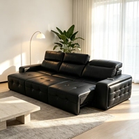 Canapé-lit électrique 3 places en cuir véritable noir avec structure métallique, mobilier de salon moderne de luxe capitonné