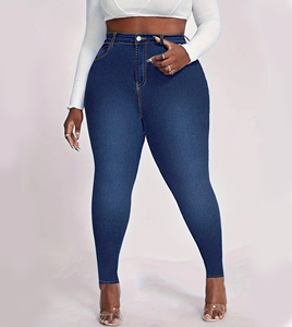 Pantalon en <span class=keywords><strong>Jean</strong></span> Extensible Bleu Foncé pour Femmes Rondes, <span class=keywords><strong>Jean</strong></span> Crayon Couleur Unie Coupe Slim Lavé pour Maman - Product Image 1