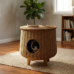 Cama Redonda Moderna para Gatos de Mimbre con Tapa y Patas de Madera para Uso en Interiores en Todas las Estaciones - Product Image 2