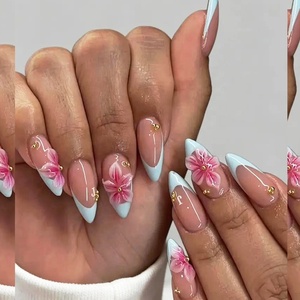 Lot de 10 faux ongles français à presser, faits main, pré-dessinés, en gel souple 3D, motif floral, peints à la main, en acrylique épais – Vente en gros - Product Image 1