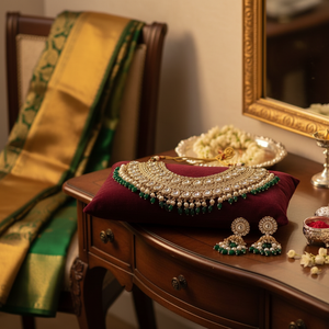 Parure de bijoux ethniques de mariage fantaisie en plaqué or lourd, style Kundan, avec perles et zircons, comprenant collier ras-du-cou, boucles d'oreilles et Maang Tikka - Product Image 3