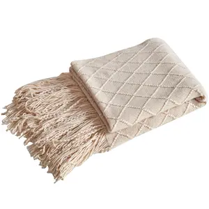 Acrylic Knitted Throw Blanket Lightweight And Soft Cozy Decorative Woven Blanket With Tassels For Travel Couch Bed Sofa