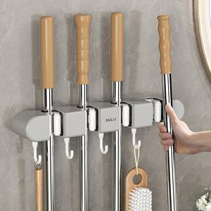 <b>Mop</b> Clip Hook Adhesive <b>Wall</b> Mount Bathroom Storage Rack With Clips For <b>Mop</b> And Cleaning Tools 18 In Width Durable Design - Product Image 1