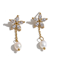 Boucles d'oreilles pendantes en acier inoxydable JINYOU 8503, nouveau design, fleur, perle, chaîne de perles plaquée or