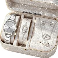 Montre de luxe pour femme en or rose, forme cœur, mouvement à quartz 32 mm, collier, boucles d'oreilles et bague sertis de diamants, ensemble cinq pièces