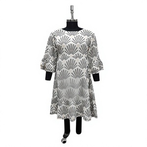 Geometric Print Cotton Midi <b>Dress</b> O-Neck <b>Ruffle</b> Sleeve Loose Fit Casual Daily Wear <b>All</b> Seasons Woven Fabric - Product Image 1