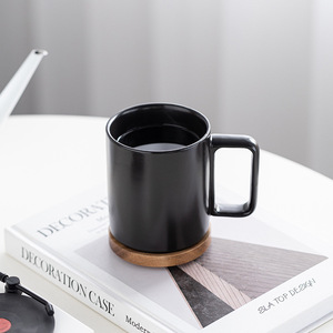 Custom Minimalist Nordic Couple Mugs Matte Black <b>Ceramic</b> Coffee <b>Cup</b> with Wooden Lid - Product Image 6