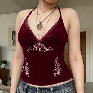 Top Halter de Terciopelo Vintage Sexy Y2K para Mujer, con Cuello en V, Bordado Floral y Espalda Descubierta, Venta al por Mayor - Product Image 3