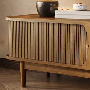 AJUNION Mobilier de salon moderne Meuble <span class=keywords><strong>TV</strong></span> en bois noyer Tiroirs en rotin tissé Portes roulantes Meuble <span class=keywords><strong>TV</strong></span> Unité <span class=keywords><strong>TV</strong></span> - Product Image 3