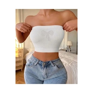 <b>White</b> Strapless Crop Blouse With Bow Embroidery Ribbed Knit <b>Bustier</b> <b>Top</b> Women's Fashion - Product Image 2