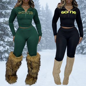 Rahat sportif kadınlar 2 parça Set moda temel mektup baskı Zip-up tam kollu üstleri + elastik pantolon kıyafetler - Product Image 2