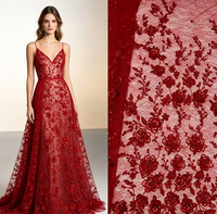 Tissu en Tulle Brodé de Dentelle - Rose Rouge Florale avec Strass et Paillettes pour Confection de Robes de Mariée et Vêtements en Usine (Vente en Gros Usine)