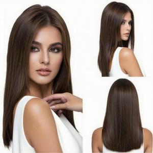 Perruque de haute qualité fabriquée à la machine, style coréen, pour femmes africaines, avec <span class=keywords><strong>frange</strong></span> à raie centrale, <span class=keywords><strong>cheveux</strong></span> raides <span class=keywords><strong>mi</strong></span>-longs, longueur aux épaules - Product Image 1