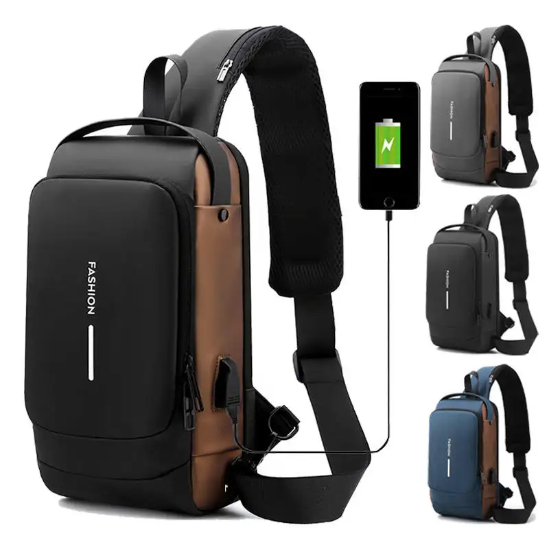 Sac de poitrine en cuir verni multifonction TS hommes sac de voyage à bandoulière antivol étanche hommes sac de poitrine de charge USB Pack