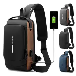 Bolsa de pecho de charol multifunción TS para hombre, bolsa de viaje cruzada antirrobo impermeable para hombre, bolsa de pecho con carga USB
