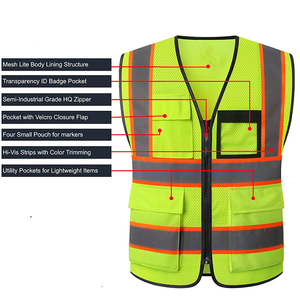 Lưới an toàn Quần áo cho nam giới phụ nữ với 5 túi và dây kéo phía trước khả năng hiển thị cao Hi VIS xây dựng làm việc phản quang vest - Product Image 2