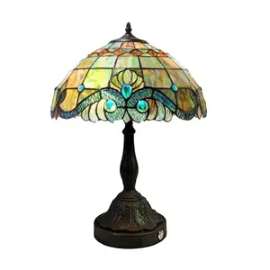 Luxe 12 pouces Tiffany bureau fleur lampe Bronze Tiffany lampe de table LED verre métal personnaliser AC 220V rond vitrail 10-60