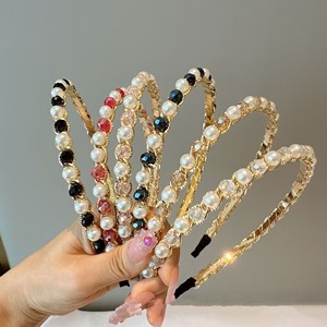 Serre-têtes coréens simples et fins avec couronne de perles de cristal scintillantes, double rangée de strass - Product Image 1