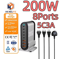Bloc de chargeur USB C 200W GaN III Station de charge rapide à 8 ports PPS PD Prise de bureau Adaptateur secteur USB-C portable Chargeur mural Gan