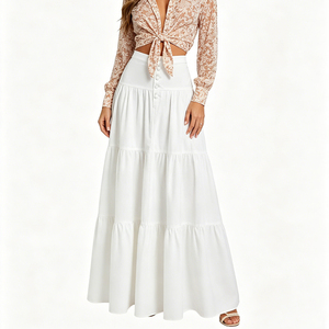Jupe longue en jean à volants taille haute pour <span class=keywords><strong>femme</strong></span>, style vintage délavé, boutonnée, bohème décontracté, vente en gros - Product Image 2