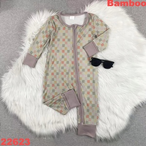 Combinaison bébé en tissu de bambou avec fermeture éclair, imprimé damier bleu et blanc, manches longues, pyjama une pièce pour nourrisson - Product Image 3