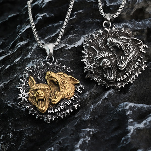 Nordic Retro Viking Double <b>Celtic</b> Wolf Stainless Steel Pendant <b>Necklace</b> For Men - Product Image 1