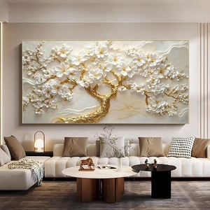 Elegante Quadro Moderno con Fiori Bianchi e Beige e Foglie Dorate, Dipinto Murale in Cristallo, Porcellana e <span class=keywords><strong>Vetro</strong></span> con Diamanti - Product Image 4