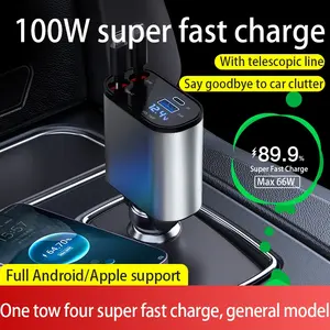 100W Fast Retractable LED Digital Display PD 4 In 1 USB Car Charger Smart DC PD 3.0 Compatible Charges IPhone Type 2.1A 1.5A SCP