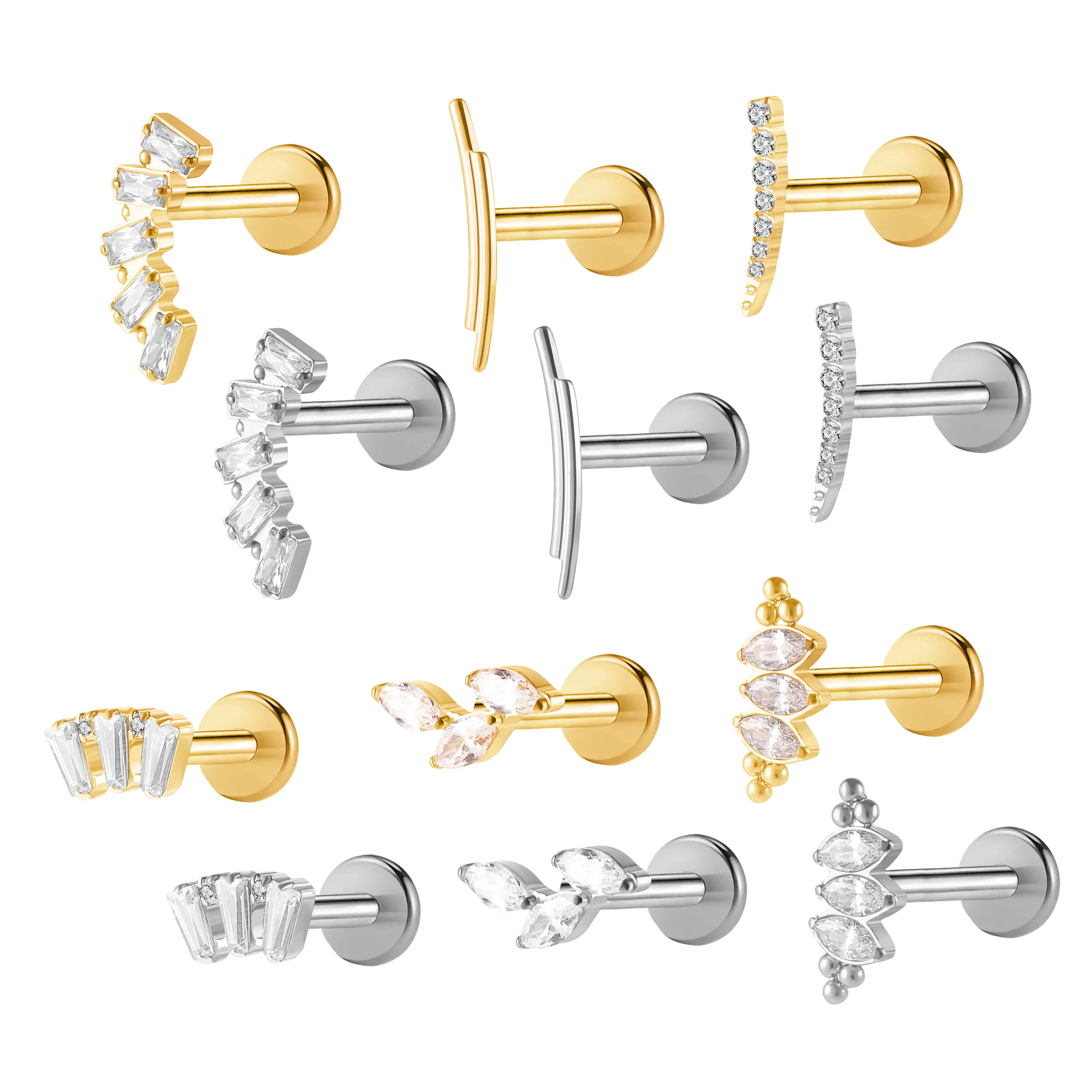Orecchini di cartilagine in titanio a bottone con filettatura interna in oro argento con retro piatto Labret Tragus per piercing gioielli