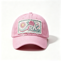 Casquette de baseball rétro vintage en coton lavé, douce, avec broderie personnalisée de patch fleur rose et logo, pour commande en gros