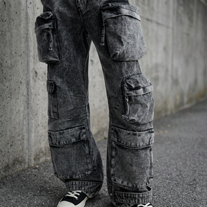 Jean cargo déchiré pour homme, grande taille, coupe droite, taille haute, en coton enduit, style décontracté, poches plaquées, fermeture boutonnée, style urbain - Product Image 3